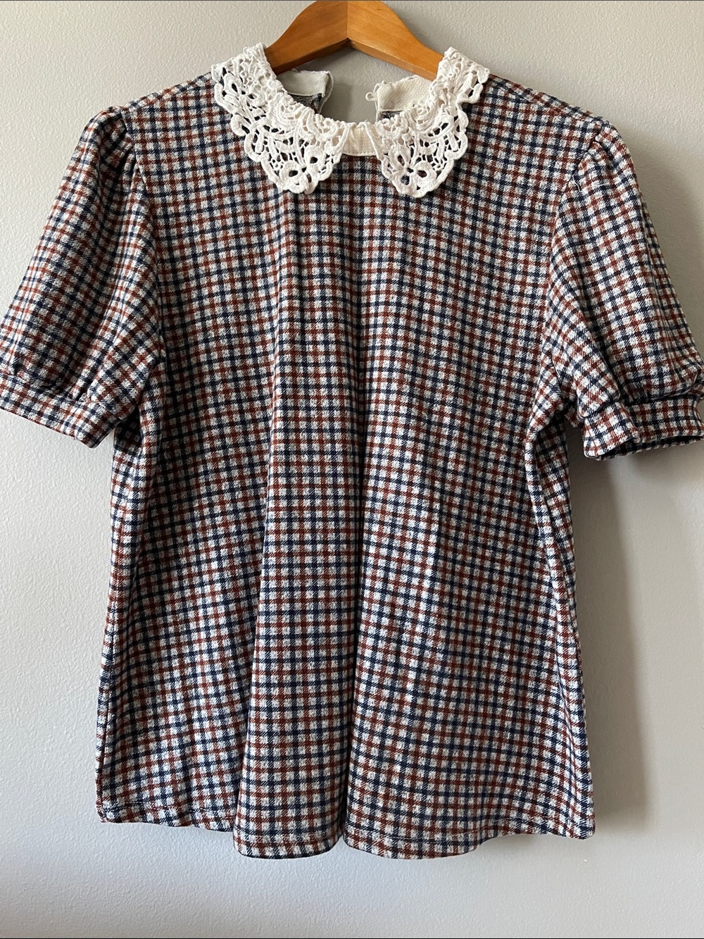 Faith and Joy Checked Top with Cream Lace Collar